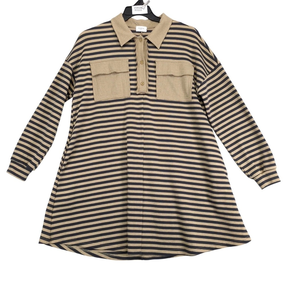 AnnieWear Tan Black Striped Shirt Dress Sz XL‎ Pockets Waffle Trim Knit Stretch